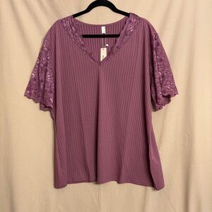 NWT Agnes Orinda Women's 3X Purple Lace V-Neck Short Sleeve Ribbed Knit Blouse